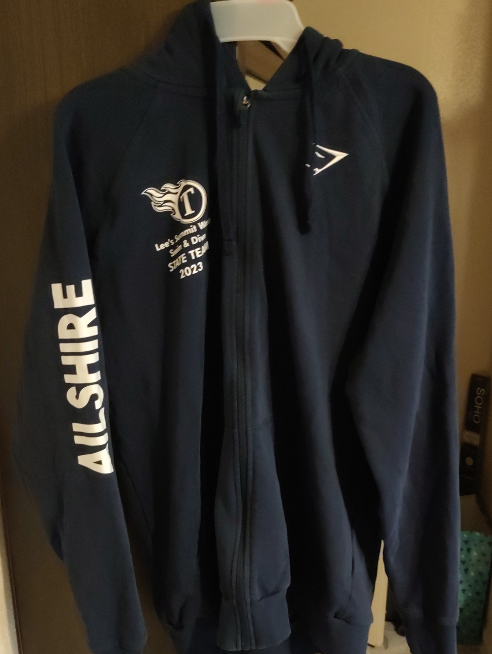 Gymshark Navy Zip-Up Hoodie with Allshire Sleeve Logo